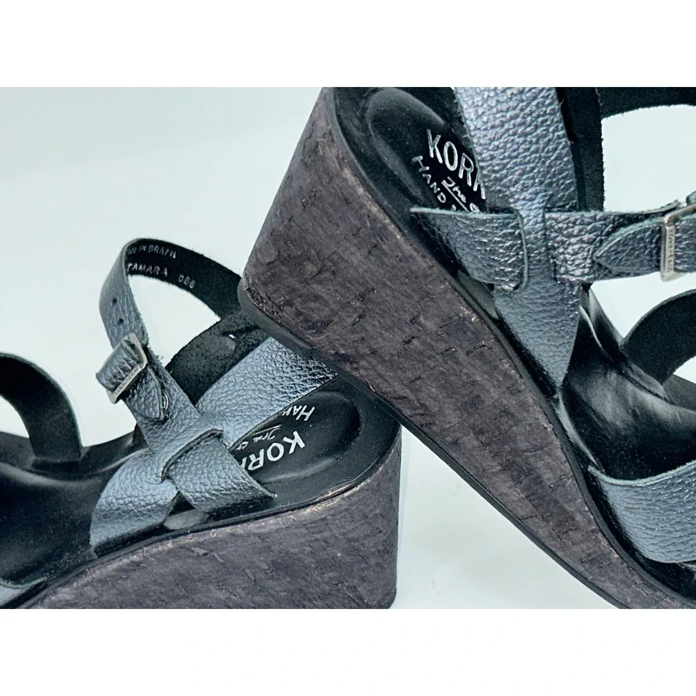 Kork-Ease Black Leather Wedge Sandals Size 6 Adjustable Ankle Strap made Brazil